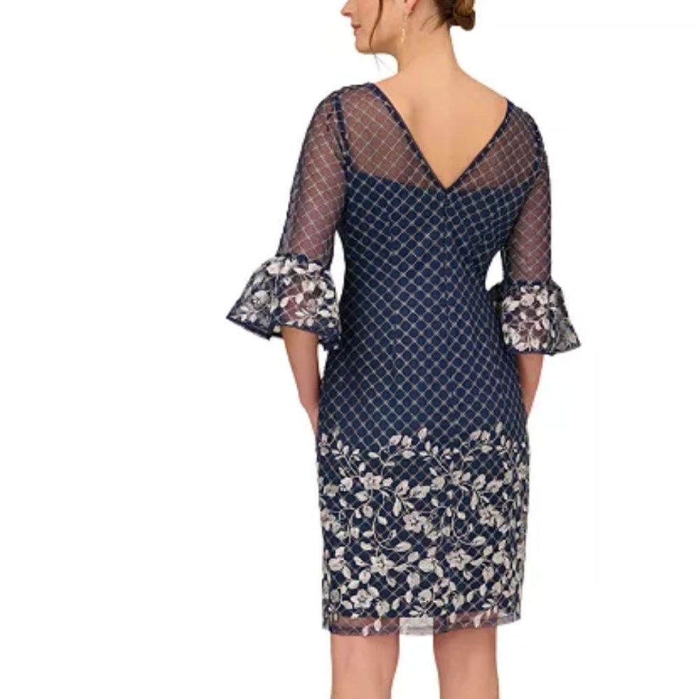 Adrianna Papell Boat-Neck Mesh-Overlay border embroidery sheath Dress - Picture 3 of 11